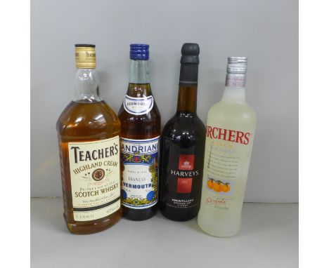 Four bottles of alcohol, Teachers Scotch Whisky, Archers Peach Schnapps, Harveys Sherry and Martini Bianco Vermouth **PLEASE 