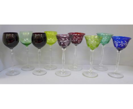 Two sets of wine/hock glasses with coloured glass bowls (4 + 5), one ruby glass has a chip to rim, others with no chips
