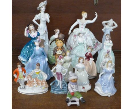 A collection of seventeen porcelain figures; a Royal Doulton Shirley, Wade, Goebel, Coalport Carla, Ann, etc. 