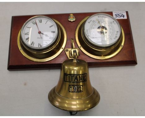 Mounted Weathermaster barometer with 'Titanic' brass bell. 