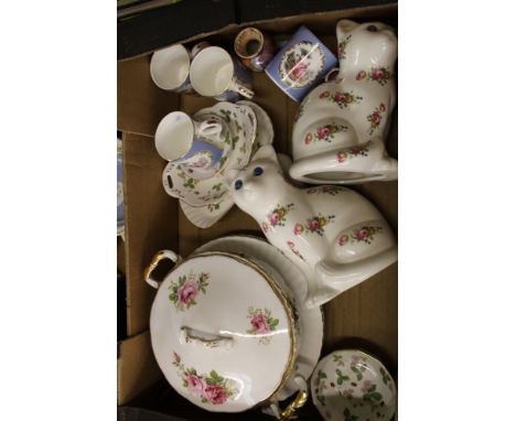 A collection of ceramic items: Royal Albert Celebration tureen base, Wedgwood Rendezvous mugs etc. 