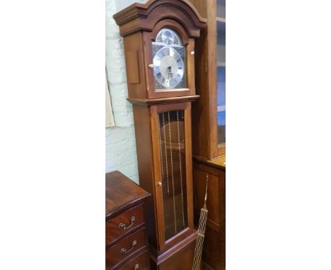 Reproduction mahogany 8 day grandfather clock: with weights and pendulum, 193cm high. 