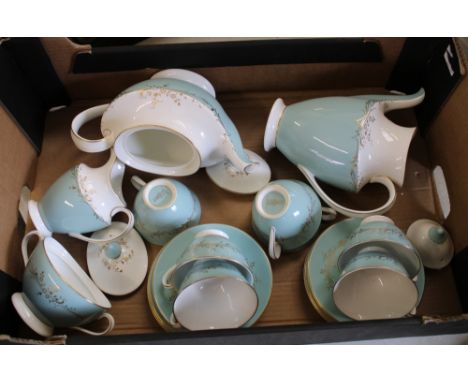 A collection of Royal Doulton Melrose pattern tea ware: teapot, coffee pot, milk, sugar, cups and saucers (1 tray). 