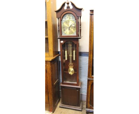 Reproduction Mahogany effect Grandfather clock: with instructions, weights and key etc. Height 191cm 