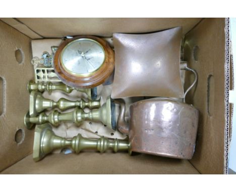 A collection of metal ware items to include: Brass Candlesticks, Copper Kettle, Barometer etc 