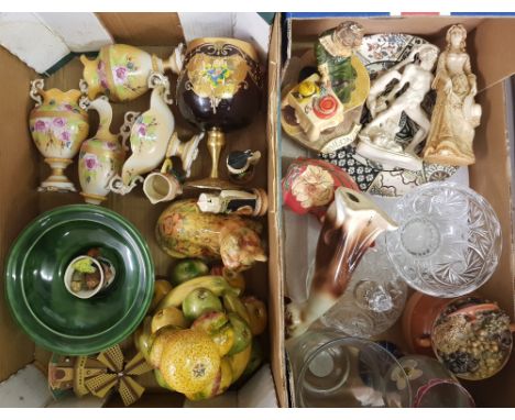 A mixed collection of items to include: Mason's Applique wall plate, large crystal round lidded box, ceramic cat figures etc.