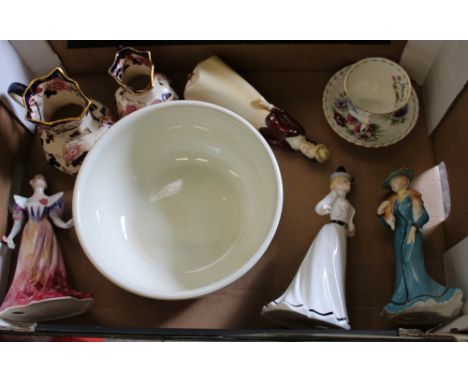 A mixed collection of ceramic items: Royal Albert cup and saucer, Mason's Mandalay jugs, Francesca lady figures etc (1 tray).