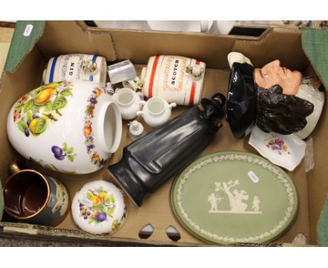 Mixed collection of ceramic items: Wedgwood jasper ware oval plaque, Wedgwood Sandeman decanter, Wade decanters, Royal Doulto