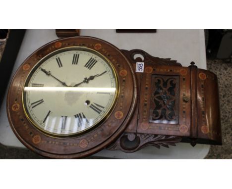 Victorian drop dial inlaid wall clock: Pendulum &amp; key present, 69cm in length. 