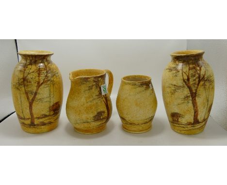 Radford Mottle Brown Jugs &amp; Vases: with trees &amp; foliage decoration, height of tallest 21cm(4) 
