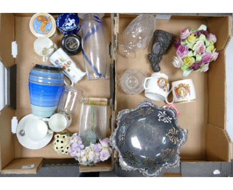 A mixed collection of items to include Shelley vase: commemorative cups, silver plated footed bowl, lidded boxes etc (2 Trays