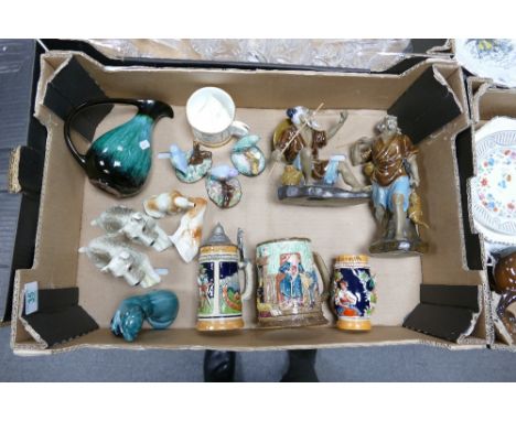 A mixed collection of items to include: German Beer Steins, Poole pottery items , novelty dog figure, orirnatl Mudman figures