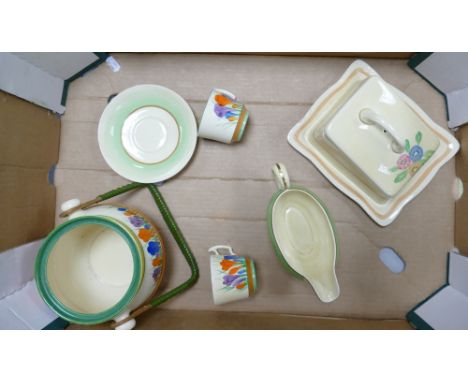 a collection of Newport and Royal Staffordshire clarice cliff items: to include crocus cups, biscuit barrel ( lid missing, gr