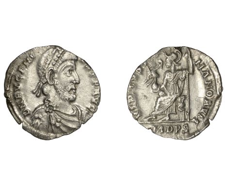 Roman Imperial Coinage, Eugenius (392-394), Siliqua, Milan, d n evgeni-vs p f avg, pearl-diademed, draped and cuirassed bust 