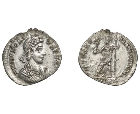 Roman Imperial Coinage, Honorius (393-423), Siliqua, Milan, 395-402, d n honori-vs p f avg, pearl-diademed, draped and cuiras