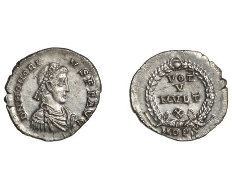 Roman Imperial Coinage, Honorius (393-423), Siliqua, Milan, 395-402, d n honori-vs p f avg, pearl-diademed, draped and cuiras