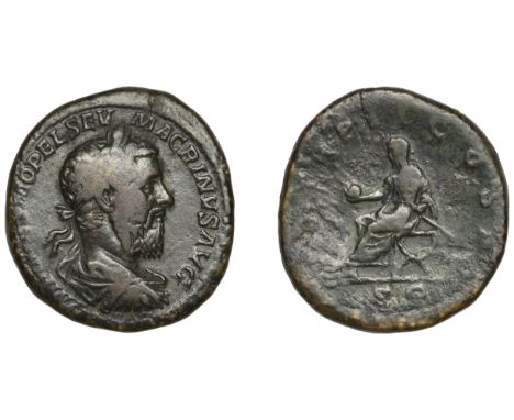 Roman Imperial Coinage, Macrinus (217-218), Sestertius, 218, draped and laureate bust right, rev. emperor seated left on curu