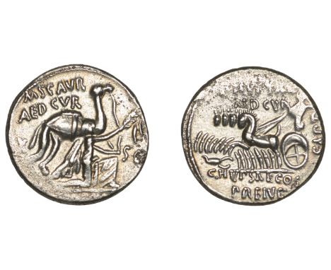 Roman Republican Coinage, M. Aemilius Scaurus and Pub. Plautius Hypsaeus, Denarius, c. 58, Nabatean king Aretas kneeling to r