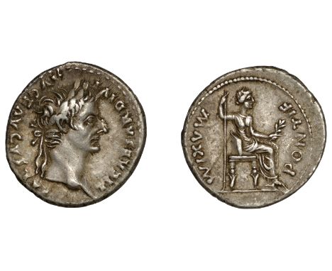 Roman Imperial Coinage, Tiberius (14-37), Denarius, Lugdunum, after 16, laureate bust right, rev. pontif maxim, Livia seated 