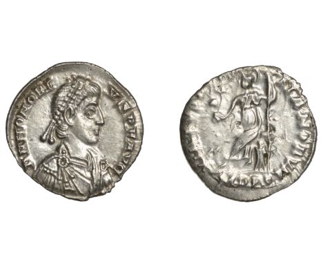 Roman Imperial Coinage, Honorius (393-423), Siliqua, Milan, 395-402, d n honori-vs p f avg, pearl-diademed, draped and cuiras