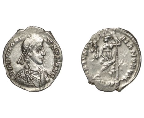 Roman Imperial Coinage, Honorius (393-423), Siliqua, Milan, 395-402, d n honori-vs p f avg, pearl-diademed, draped and cuiras