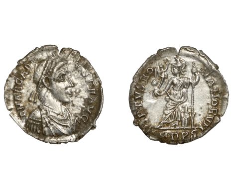 Roman Imperial Coinage, Arcadius (383-408), Siliqua, Milan, 395-402, d n arcadi-vs p f avg, pearl-diademed, draped and cuiras