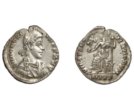 Roman Imperial Coinage, Honorius (393-423), Siliqua, Milan, 395-402, d n honori-vs p f avg, pearl-diademed, draped and cuiras