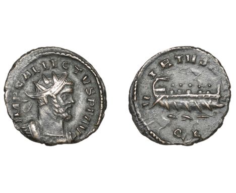 Roman Imperial Coinage, Allectus (293-296), Quinarius, London, 294-6, radiate and cuirassed bust right, rev. virtvs avg, gall