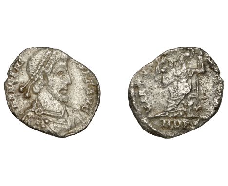 Roman Imperial Coinage, Eugenius (392-394), Siliqua, Milan, d n evgeni-vs p f avg, pearl-diademed, draped and cuirassed bust 