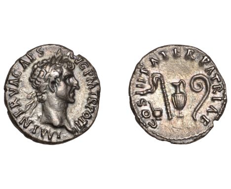 Roman Imperial Coinage, Nerva (96-98), Denarius, 97, laureate head right, rev. cos iii pater patriae,  priestly implements, 2