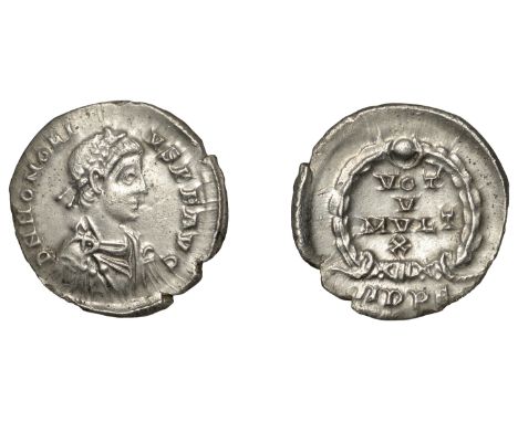 Roman Imperial Coinage, Honorius (393-423), Siliqua, Milan, 395-402, d n honori-vs p f avg, pearl-diademed, draped and cuiras