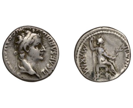 Roman Imperial Coinage, Tiberius (14-37), Denarius, Lugdunum, after 16, laureate bust right, rev. pontif maxim, Livia seated 