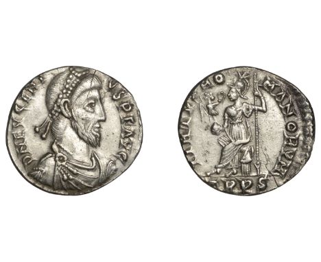 Roman Imperial Coinage, Eugenius (392-394), Siliqua, Trier, d n evgeni-vs p f avg, pearl-diademed, draped and cuirassed bust 