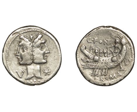 Roman Republican Coinage, C. Fonteius, Denarius, c. 114-113, laureate Janiform head of Fons or Fontus, V (control letter) to 