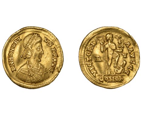 Roman Imperial Coinage, Honorius (393-423), Solidus, Ravenna, 402-6, pearl-diademed bust right, rev. victoria avggg, emperor 