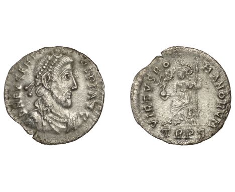 Roman Imperial Coinage, Eugenius (392-394), Siliqua, Trier, d n evgeni-vs p f avg, pearl-diademed, draped and cuirassed bust 