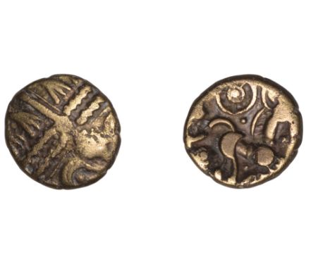 BELGAE, Uninscribed issue, Quarter-Stater, Qc derivative [Petersfield Wreath type], wreath design with trace of hidden face, 