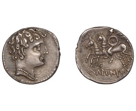 Greek Coinages, IBERIA, Ikalkusken, Denarius, c. 200-150, male head right, rev. cavalryman left, leading additional horse, 3.