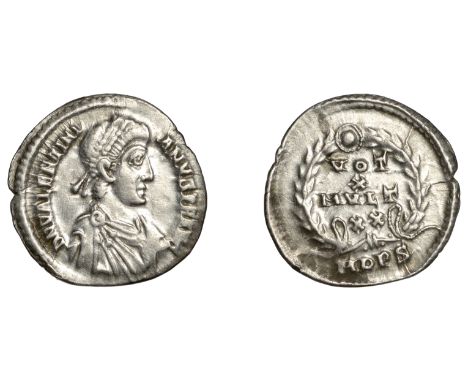 Roman Imperial Coinage, Valentinian II (375-392), Siliqua, Milan, 388-91, d n valentini-anvs p f avg, pearl-diademed, draped 