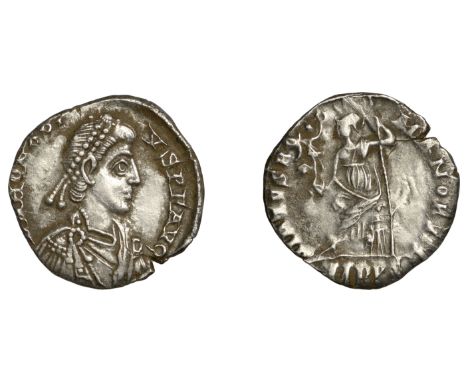 Roman Imperial Coinage, Honorius (393-423), Siliqua, Milan, 395-402, d n honori-vs p f avg, pearl-diademed, draped and cuiras