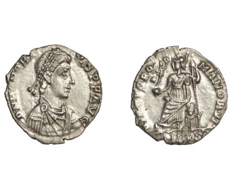 Roman Imperial Coinage, Honorius (393-423), Siliqua, Milan, 395-402, d n honori-vs p f avg, pearl-diademed, draped and cuiras