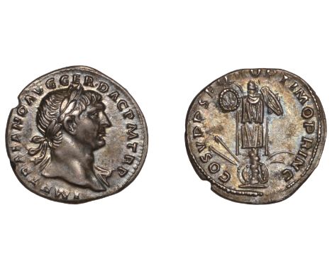 Roman Imperial Coinage, Trajan (98-117), Denarius, 107-8, laureate bust right, drapery over far shoulder, rev. cos v pp spqr 