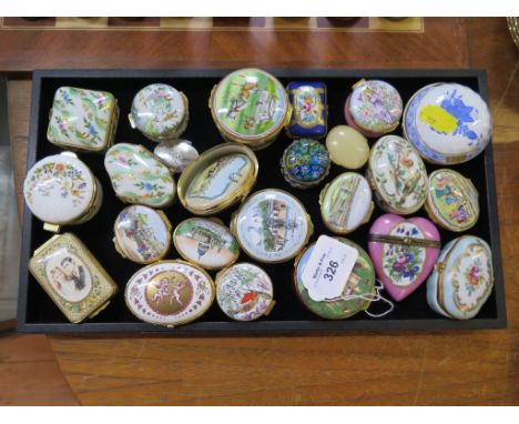 A collection of enamel and china snuff boxes, including Halcyon Days, Crummles and Aynsley (24)