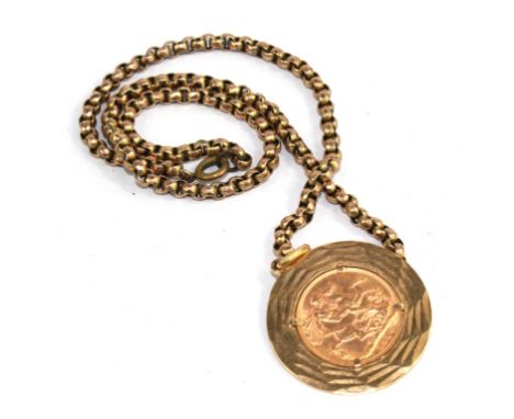 A gold sovereign, 1910, mounted with a gold coloured neck chain