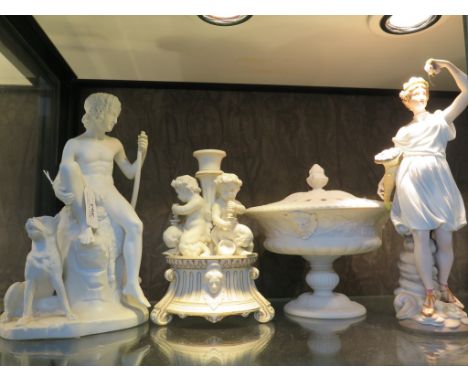 A Copeland style Parian pot pourri 20cm diameter, a Royal Copenhagen bisque figure of a boy and a dog (restored), 27cm high, 
