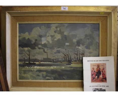 •Malcolm Rogers Thames barges at Woolwich Reach Oil on board Signed and labelled verso exhibited at Queen's Silver Jubilee Ex