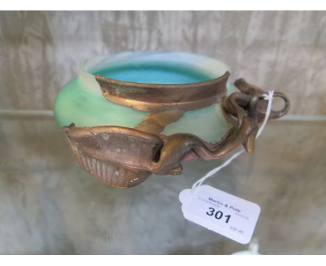 Art Nouveau organic green glass dish etched SHT, 15cm wide