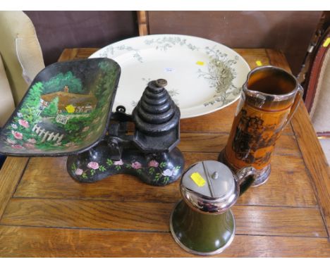 A Ringways Coaching Days treacle glaze jug, another pottery jug, a meat dish and a painted set of kitchen scales