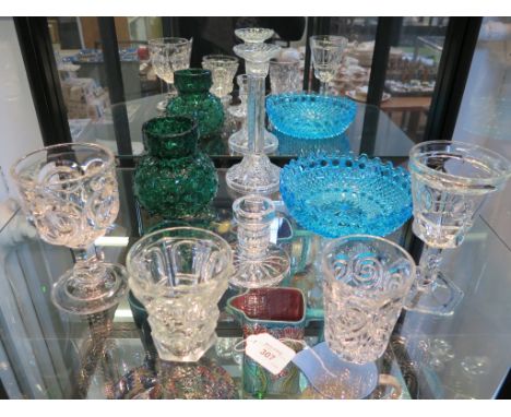 Four glass Gothic-style goblets, pressed glass candlestick and turquoise bowl, Waterford cut-glass candlestick and green dimp