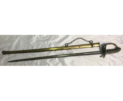 An 1845/54 pattern Infantry Officer's Sword, with 32" slightly curved fullered blade with etched and burnished Arabesque deco